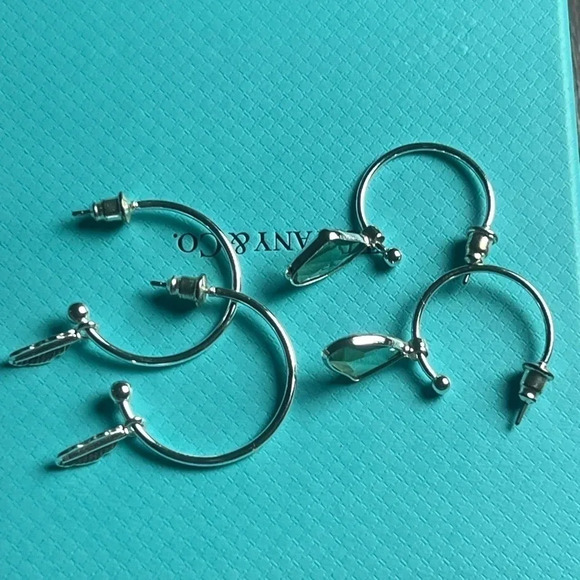 Sterling Silver Tone Hoop With Dangling Charm 2 Sets Earrings - Picture 1 of 10